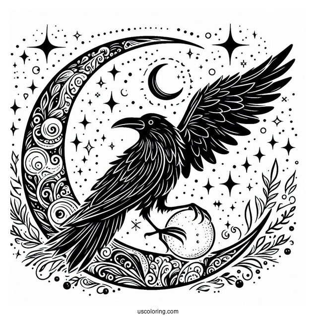 Magical Raven Coloring Page With Crescent Moon And Stars