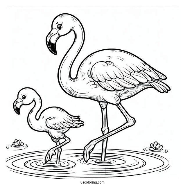 Mother And Baby Flamingo In Water To Color