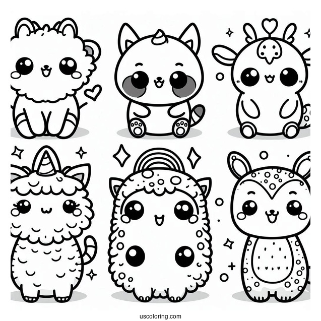 Kawaii Smiling Critters Coloring Page On Top Of Each Other