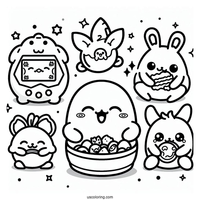 Tamagotchi Coloring Page Of Kuchipatchi, Mametchi, Lovelin, Chamametchi, And Friends Eating For Kids