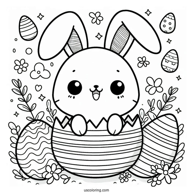 Kawaii Bunny Coming Out Of Striped Easter Egg Coloring Page For Kids