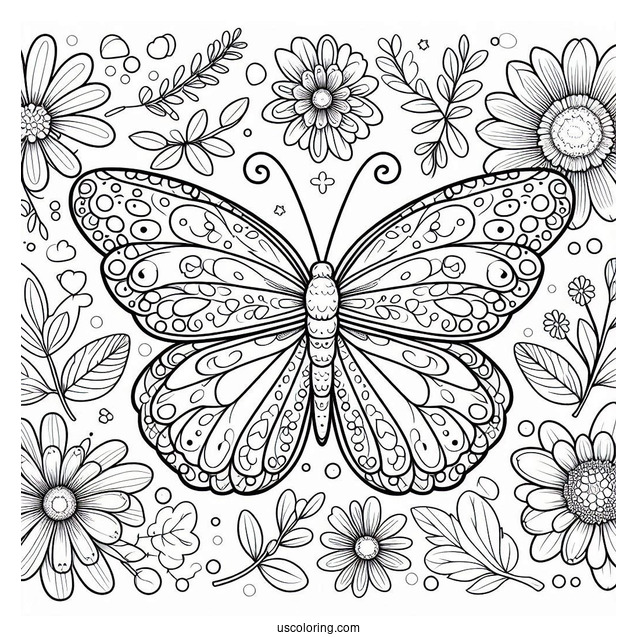 Full Page Butterflies With Flowers Coloring Page