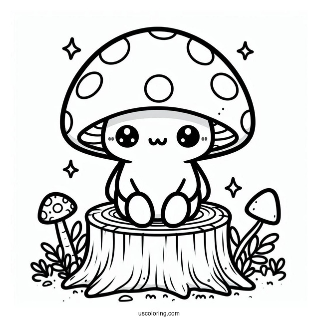 Kawaii Mushroom Coloring Page Sitting On A Tree Stump For Kids