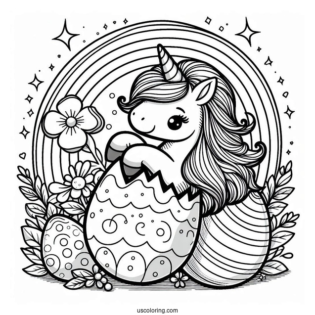 Unicorn Popping Out Of Easter Egg On Rainbow Coloring Sheet