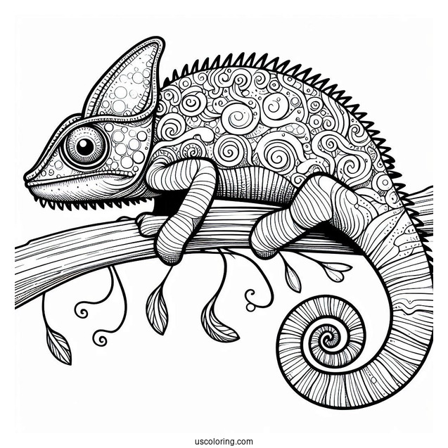 Chameleon Lizard Coloring Page On Edge Of Stick Coloring Sheet