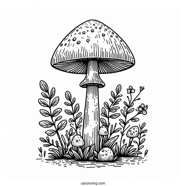 Beautiful Mushroom Coloring Page Growing With Weeds