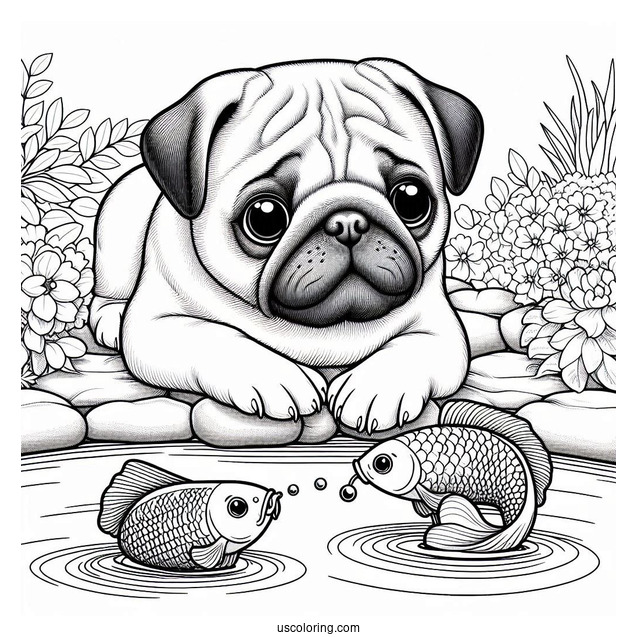 Curious Pug Coloring Page Playing with Koi Fish by the Pond