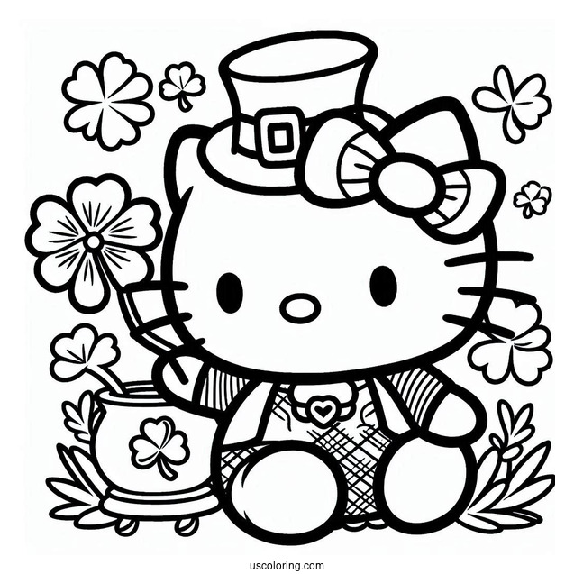 St. Patrick's Day Coloring Page Of Cute Hello Kitty Dressed As A Leprechaun With A Shamrock For Preschoolers