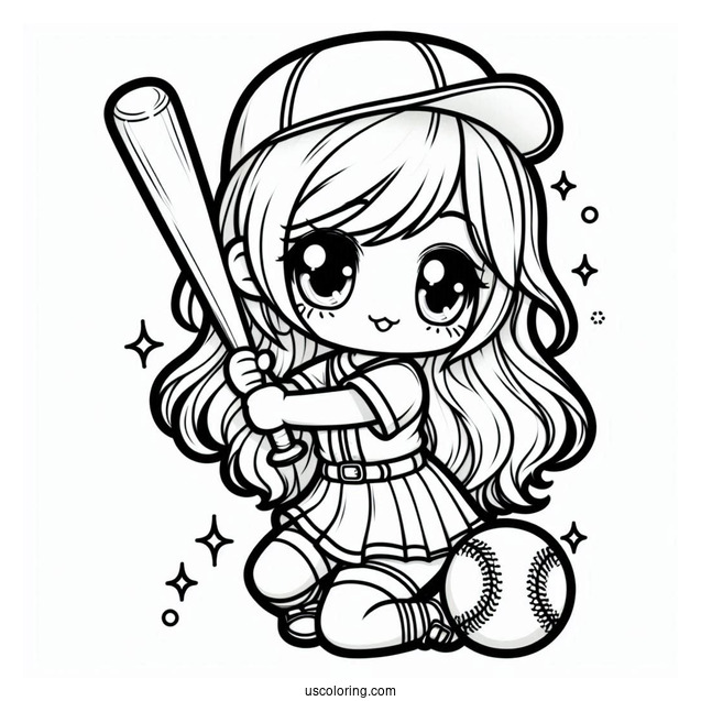 Kawaii Girl Baseball Coloring Page Player Holding A Bat