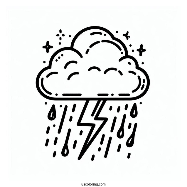 Simple Cloud with Rain Coloring Page And Thunder For Kids