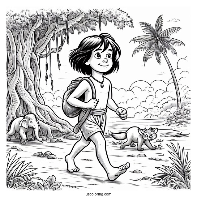 Jungle Book Coloring Page Of Young Mowgli Walking With Hathi Jr For Preschoolers