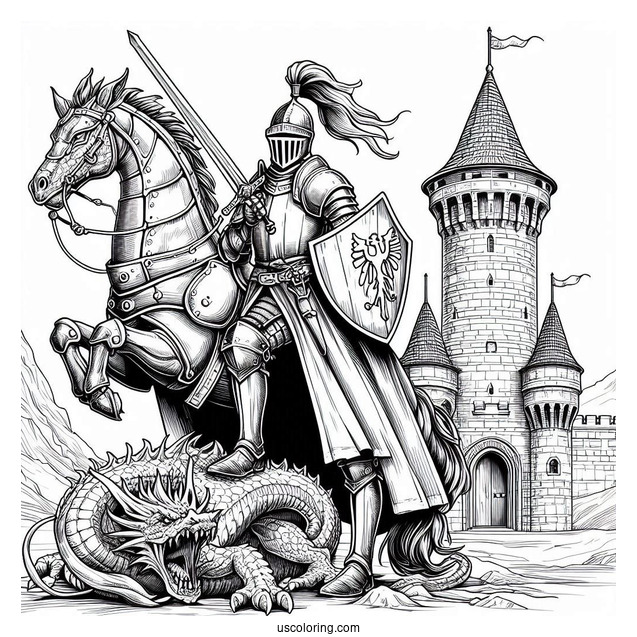 Realistic Knight In Front Of Castle Tower With Dragon