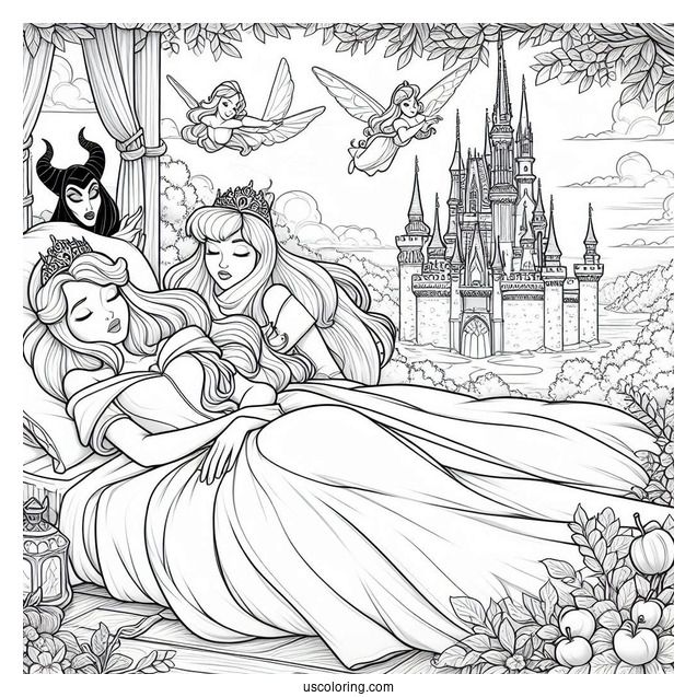 Sleeping Beauty Coloring Page Of Princess Aurora Deep Asleep Outside The Castle With Maleficent And The Fairies Watching