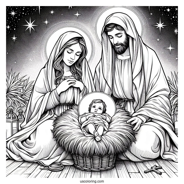Nativity Coloring Page Of Realistic Mary, Joseph, And Baby Jesus With Starry Background