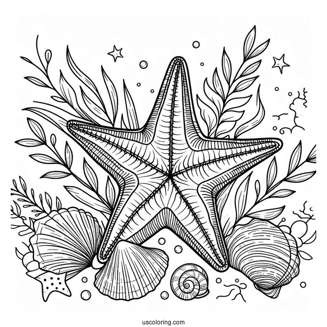 Starfish Coloring Page With Seashells And Seaweeds