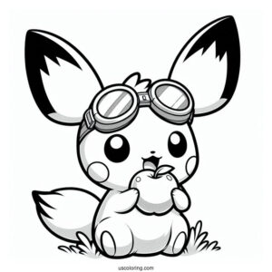 Adorable Pichu Coloring Page Wearing Goggles And Biting An Apple