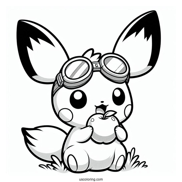 Adorable Pichu Coloring Page Wearing Goggles And Biting An Apple