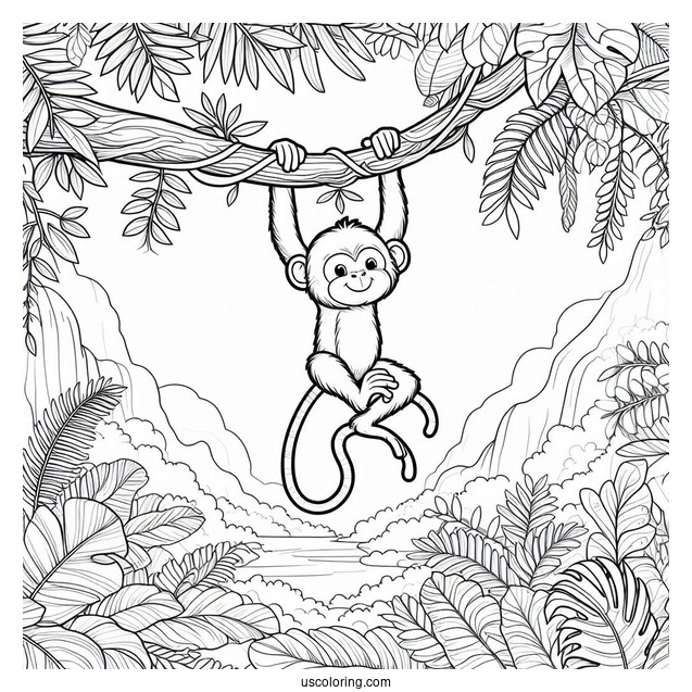 Jungle Coloring Page Of Easy Monkey Hanging From Vine For Kids