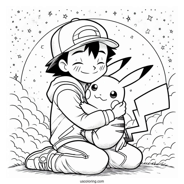 Coloring Page Of Ash Embracing Pikachu