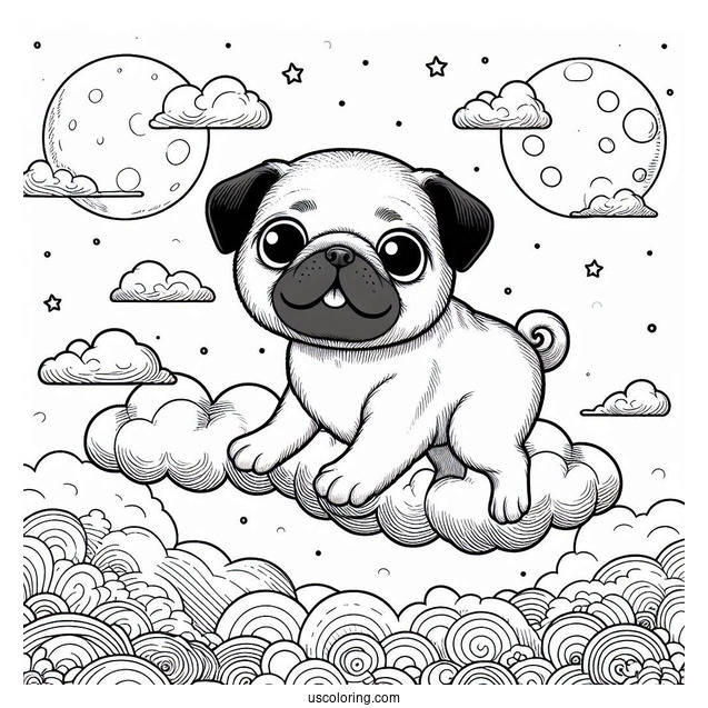 Lovable Pug Coloring Page Puppy Floating in the Clouds