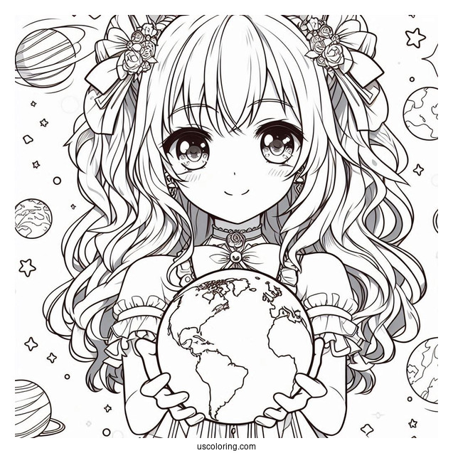 Beautiful Anime Girl Holding The Earth Coloring Page