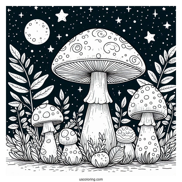 Large Mushroom Coloring Page With Other Plants Under The Night Sky