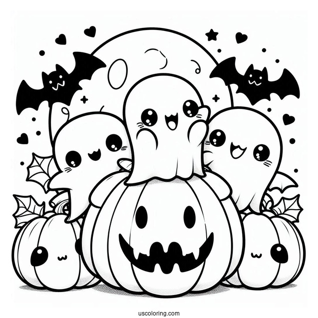 Kawaii Ghosts With Fangs Hanging Around A Jack O Lantern