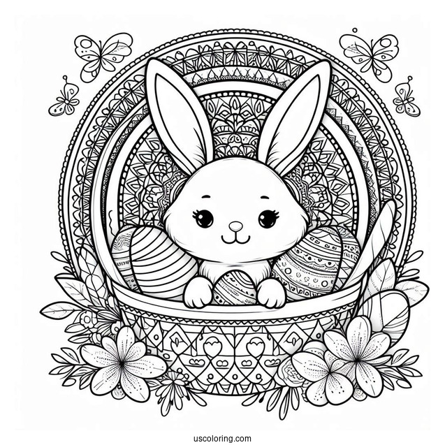 Easter Coloring Page Of Easter Egg Basket With Bunny Ears Mandala
