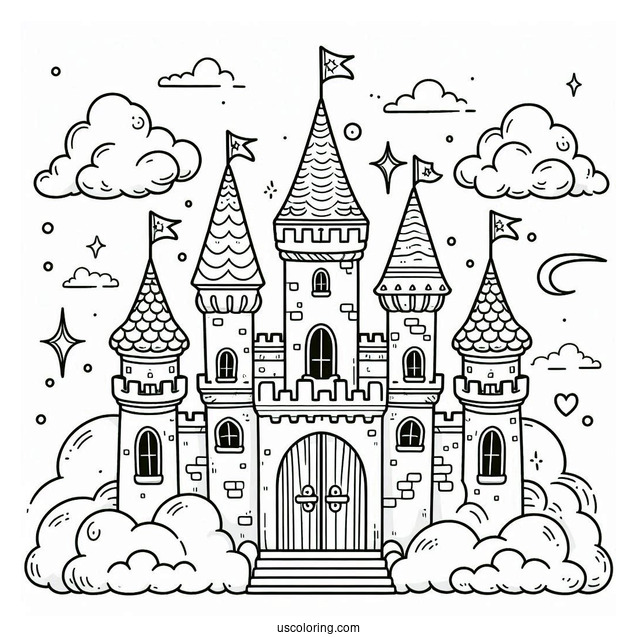 Cute Castle Coloring Page In The Clouds For Kids