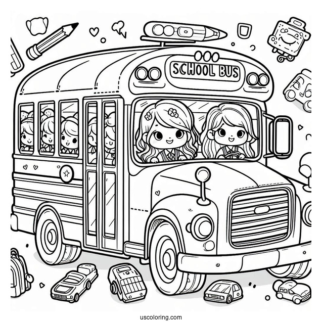 Cartoon School Bus Coloring Page Full of Kids For Kids