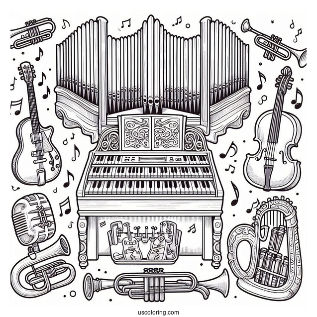Music Coloring Page Of Organ, Electric Guitar, Trumpet, Violin, Harp, And Saxophone