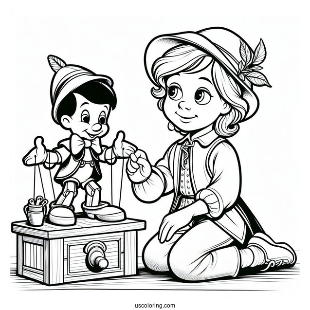 Figaro Playing With Puppet Pinocchio Coloring Page In Workshop