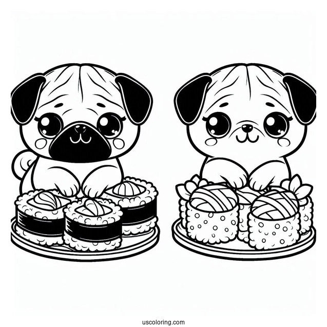 Kawaii Pug Coloring Page and Sushi Platter