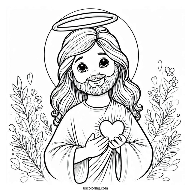 Smiling Jesus Coloring Pages With A Halo Holding A Love Heart For Preschoolers