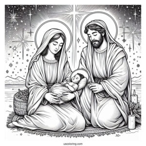 Nativity Coloring Page Of Realistic Mary, Joseph, And Baby Jesus With Starry Background