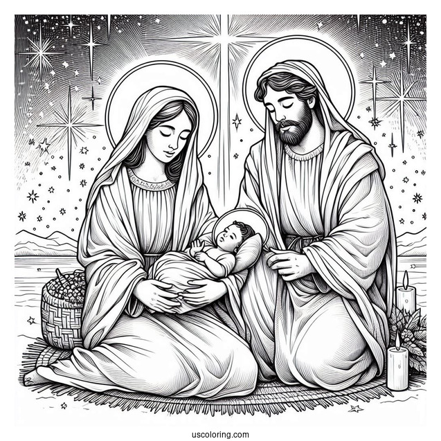 Nativity Coloring Page Of Realistic Mary, Joseph, And Baby Jesus With Starry Background