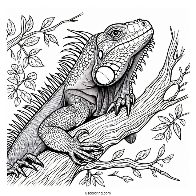 Lizard Coloring Page of Iguana With Head Up On Tree Branch