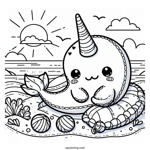 Stitch And A Narwhal Coloring Page Lounging At The Beach
