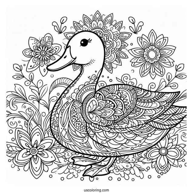 Intricate Duck Mandala with Floral Patterns Coloring Page For Adults