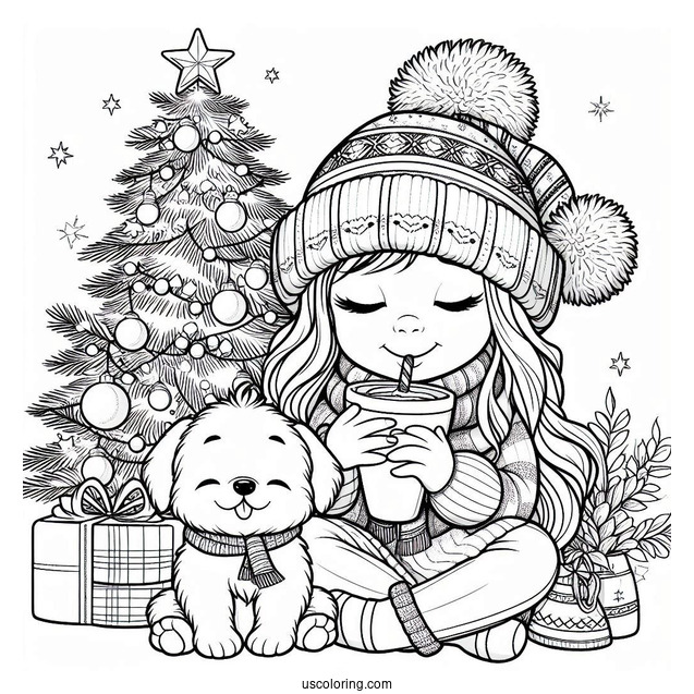 Christmas Coloring Pages For Adults Of Little Girl Drinking Hot Chocolate Next To The Christmas Tree With Her Dog