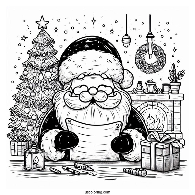 Detailed Santa Reading His List Coloring Sheet