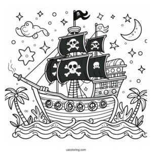 Super Cute Pirate Ship Coloring Page For Preschoolers