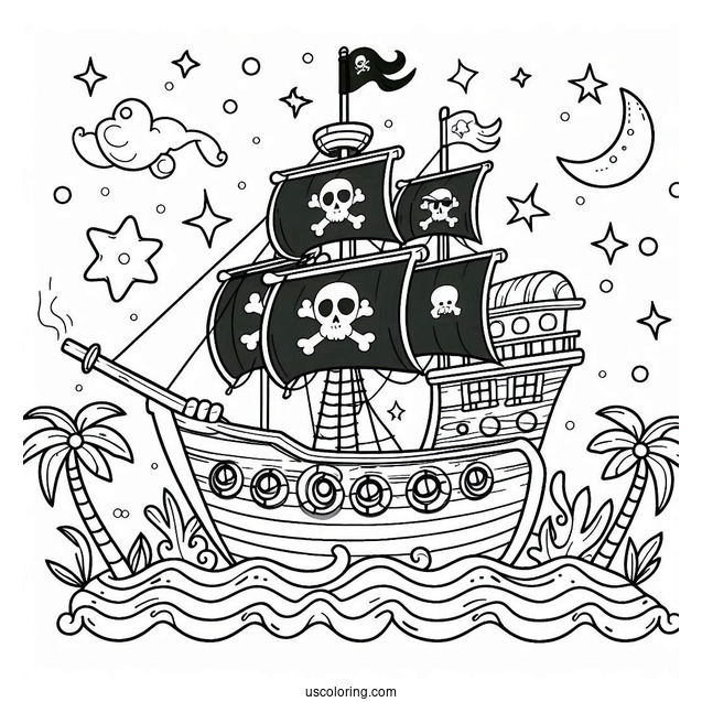 Super Cute Pirate Ship Coloring Page For Preschoolers
