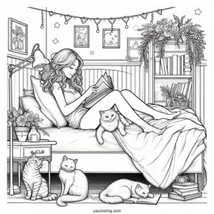 Bedroom Coloring Page Realistic Woman Reading On Her Bed With Cats