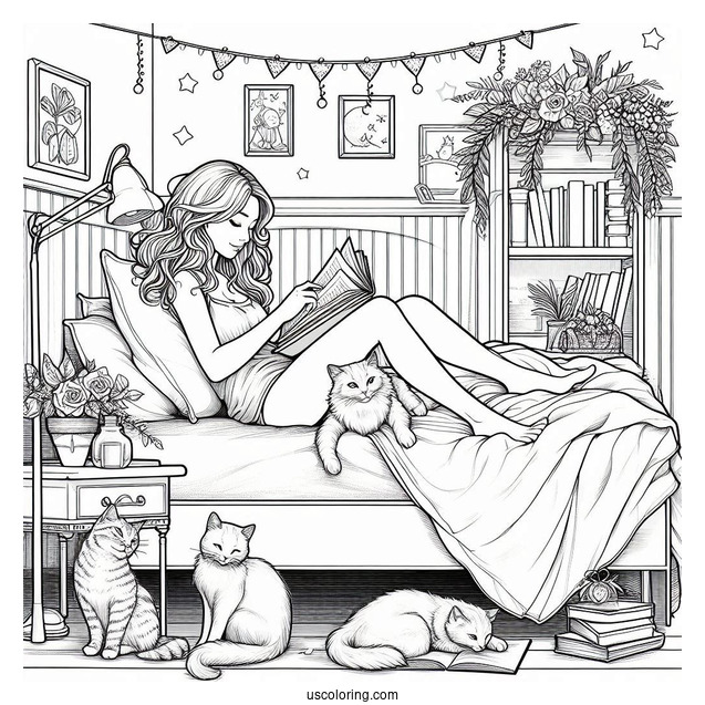 Bedroom Coloring Page Realistic Woman Reading On Her Bed With Cats