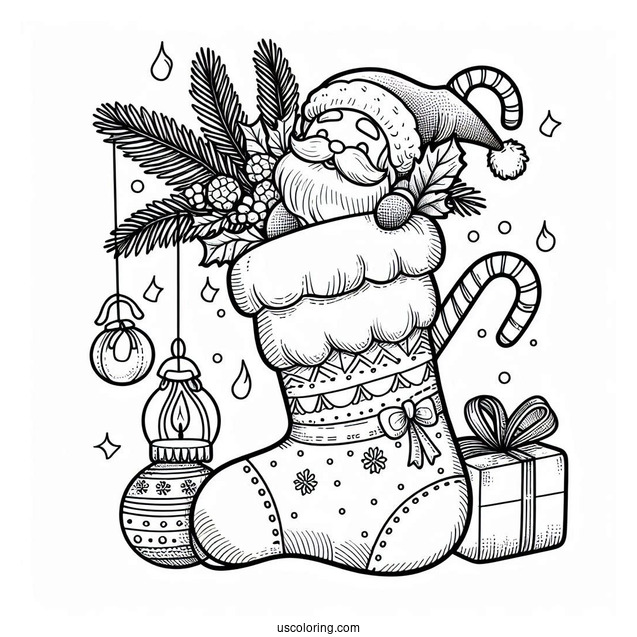 Merry Christmas Stocking With Santa Coloring Page