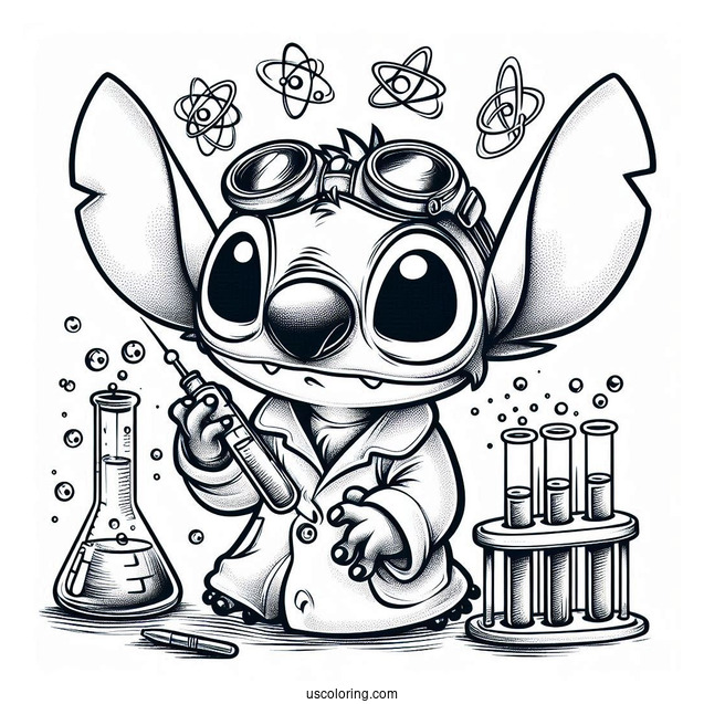 Science Coloring Page Of Mad Scientist Stitch With Goggles And Test Tube For Kids
