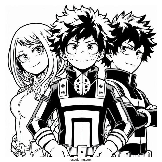 My Hero Academia Coloring Page Of Izuku, Ochako, And Shouto