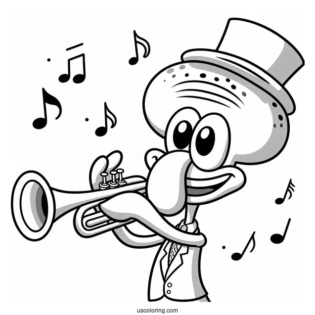 Cute Squidward Coloring Page Playing Trumpet For Kids
