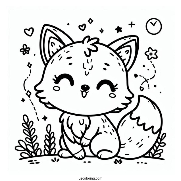 Kawaii Happy Fox Coloring Page For Kids